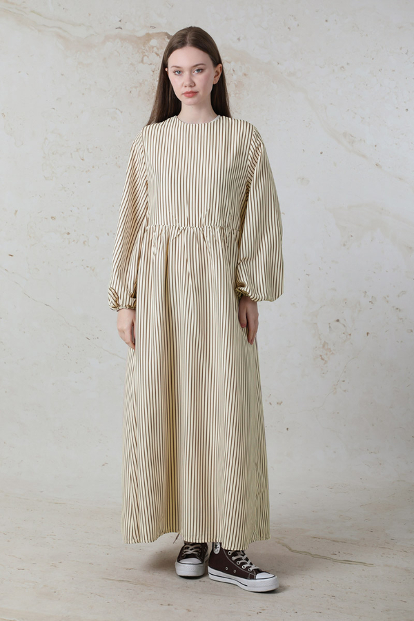 Balon Kol Çizgili Elbise Kahve - 1