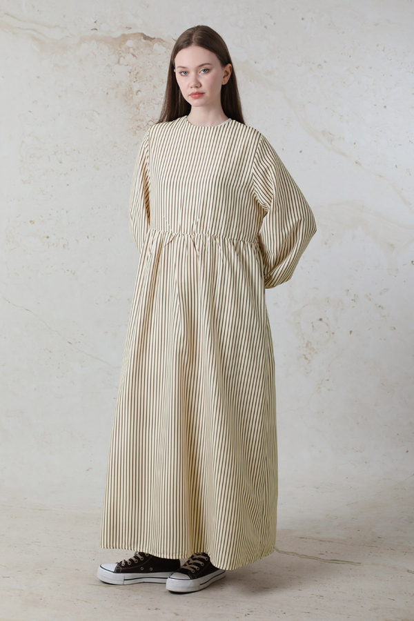 Balon Kol Çizgili Elbise Kahve - 4