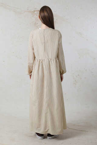 Balon Kol Çizgili Elbise Kahve - 5