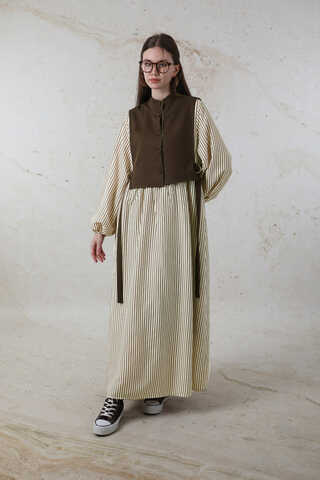 Balon Kol Çizgili Elbise Kahve - 2