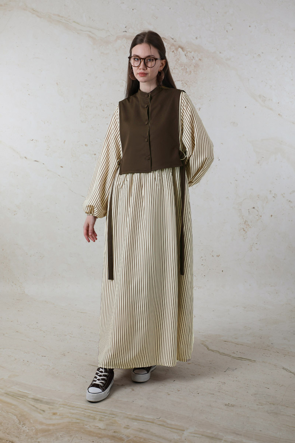 Balon Kol Çizgili Elbise Kahve - 2