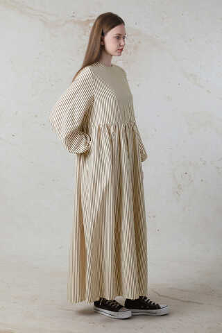 Balon Kol Çizgili Elbise Kahve - 3