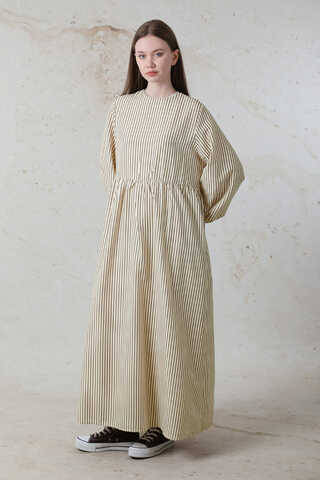 Balon Kol Çizgili Elbise Kahve - 4