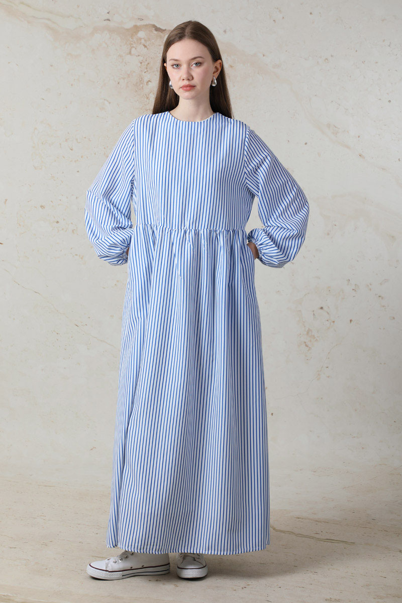 Balon Kol Çizgili Elbise Mavi