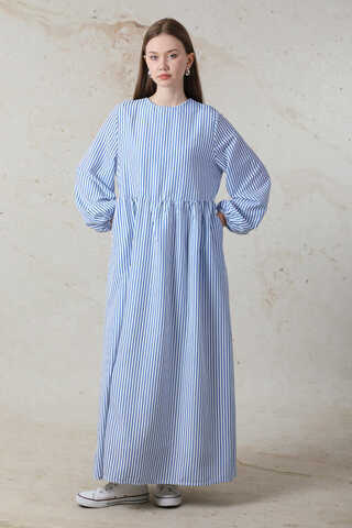Balon Kol Çizgili Elbise Mavi - 1
