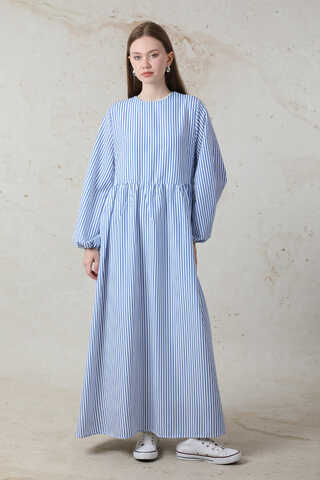 Balon Kol Çizgili Elbise Mavi - 3