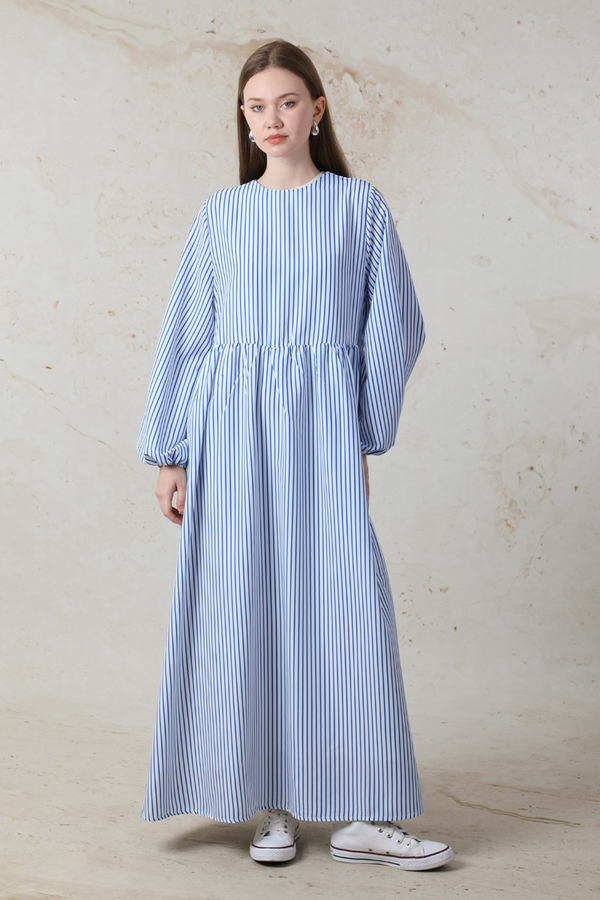 Balon Kol Çizgili Elbise Mavi - 3