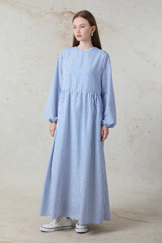 Balon Kol Çizgili Elbise Mavi - 5