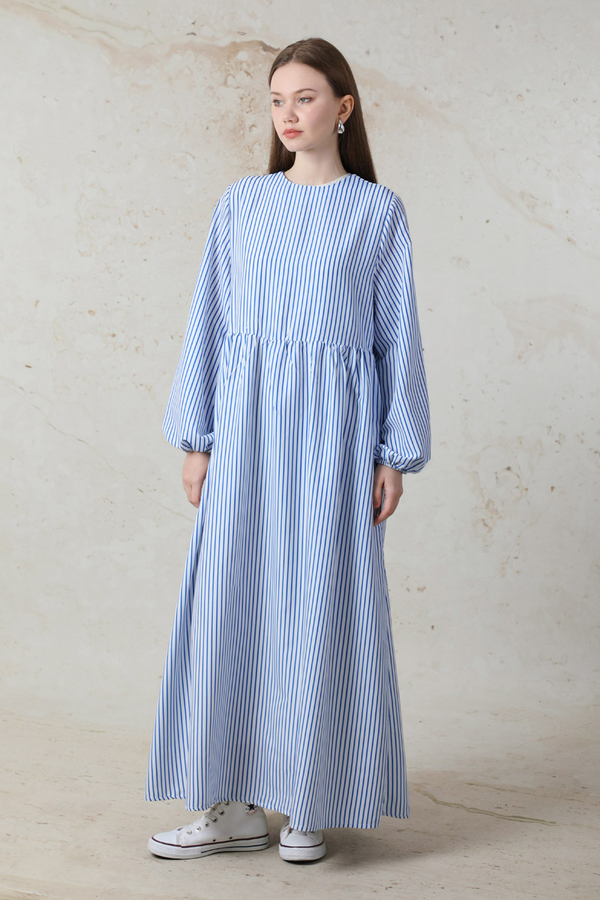 Balon Kol Çizgili Elbise Mavi - 5