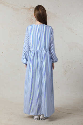 Balon Kol Çizgili Elbise Mavi - 6