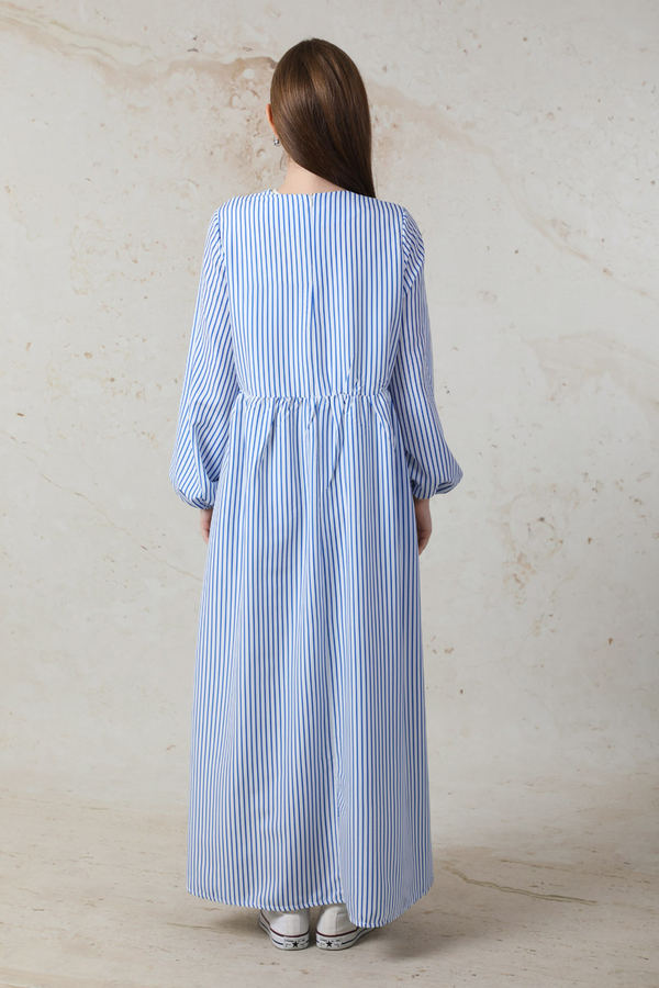 Balon Kol Çizgili Elbise Mavi - 6