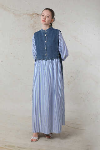 Balon Kol Çizgili Elbise Mavi - 2