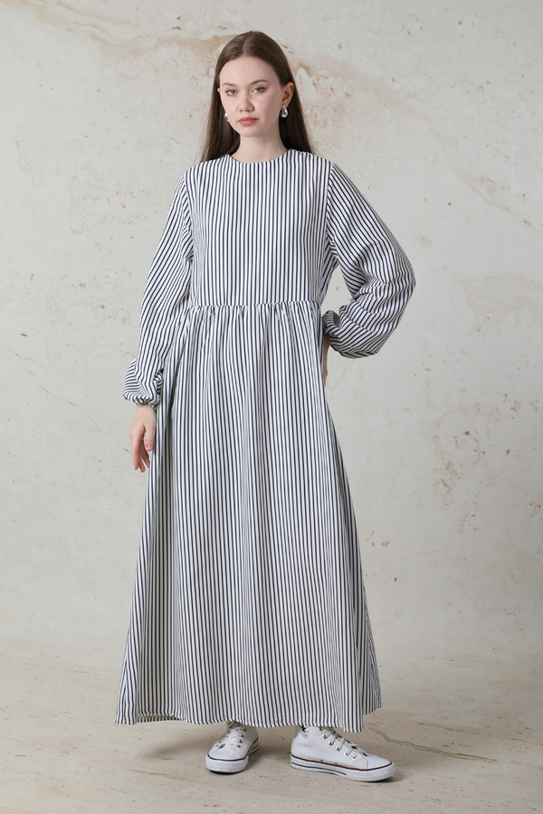 Balon Kol Çizgili Elbise Siyah - 1