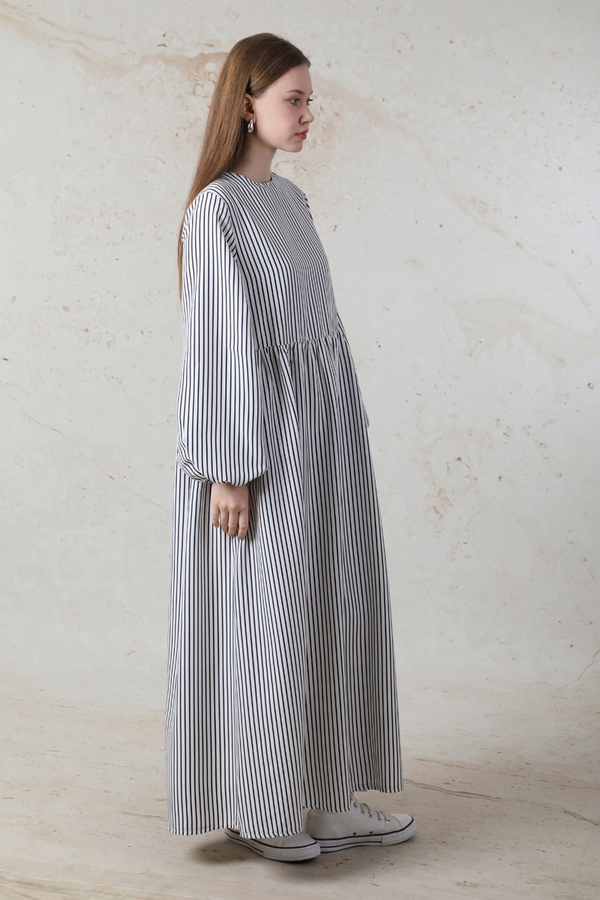 Balon Kol Çizgili Elbise Siyah - 4