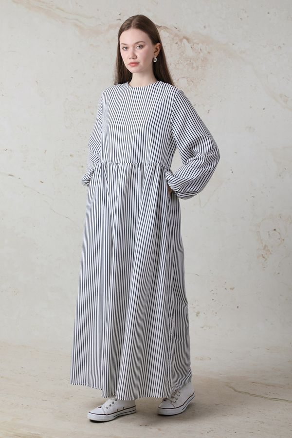 Balon Kol Çizgili Elbise Siyah - 3