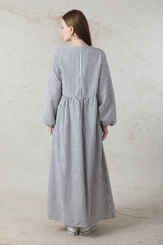 Balon Kol Çizgili Elbise Siyah - 6