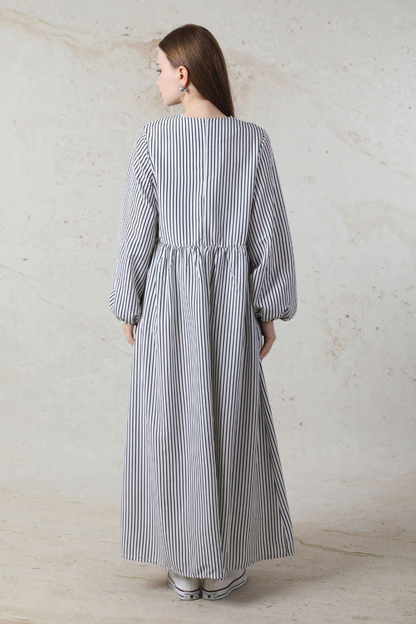 Balon Kol Çizgili Elbise Siyah - 6