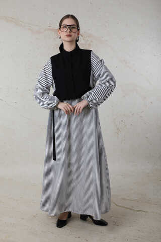 Balon Kol Çizgili Elbise Siyah - 2