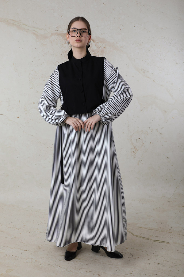 Balon Kol Çizgili Elbise Siyah - 2