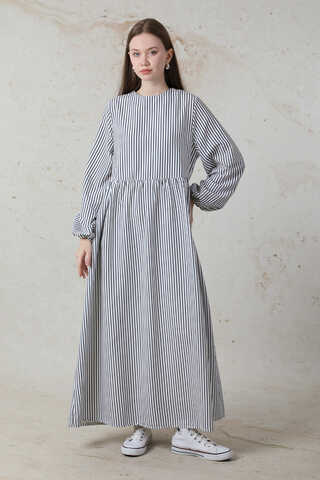 Balon Kol Çizgili Elbise Siyah - 1