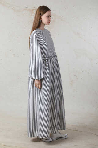 Balon Kol Çizgili Elbise Siyah - 4