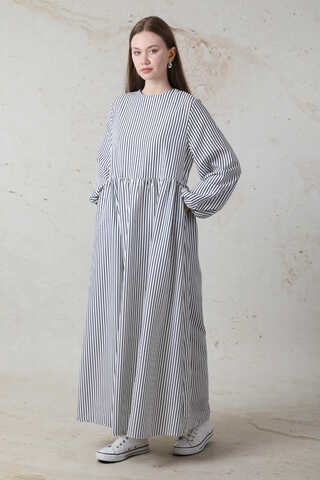 Balon Kol Çizgili Elbise Siyah - 3