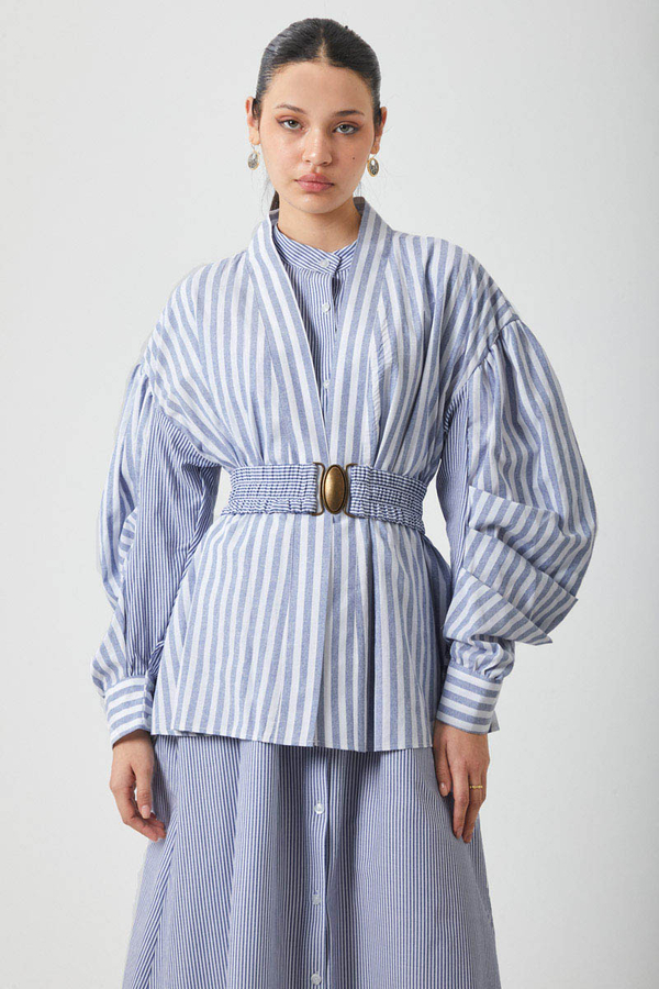 Balon Kol Çizgili Jile Takım İndigo - 1