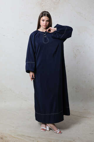 Balon Kol Elbise Lacivert - 2