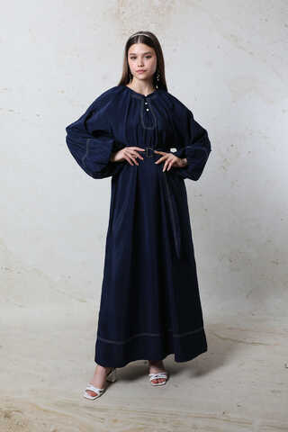 Balon Kol Elbise Lacivert - 3