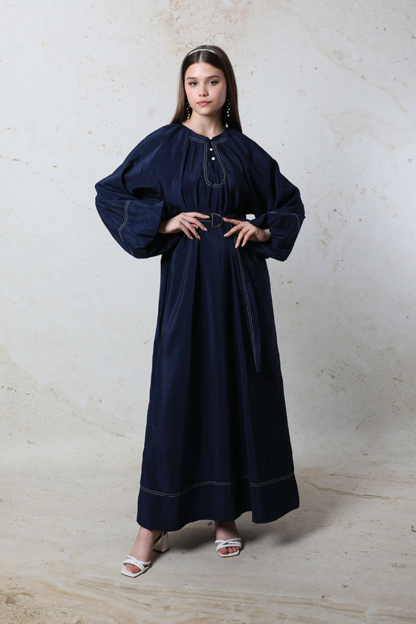 Balon Kol Elbise Lacivert - 3