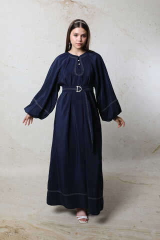 Balon Kol Elbise Lacivert - 4