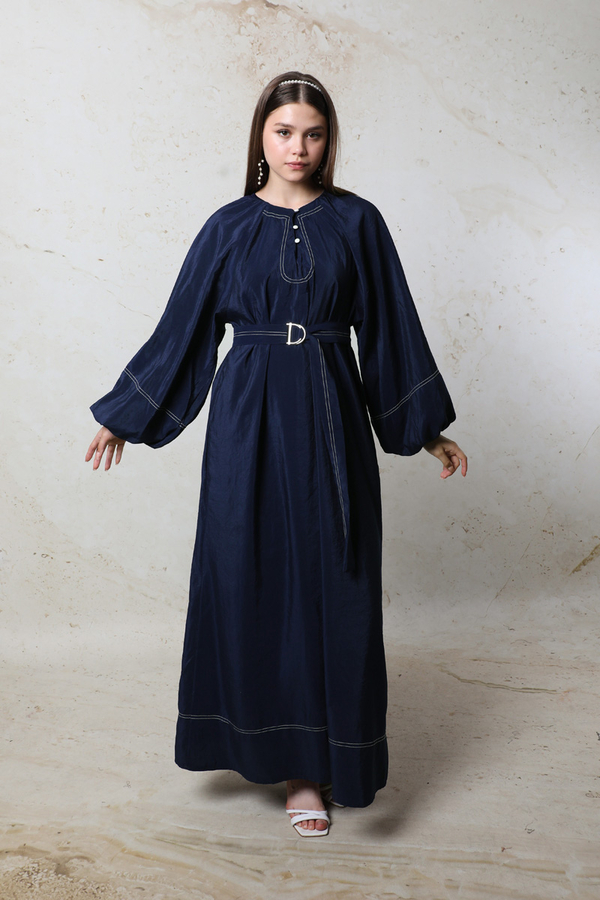 Balon Kol Elbise Lacivert - 4