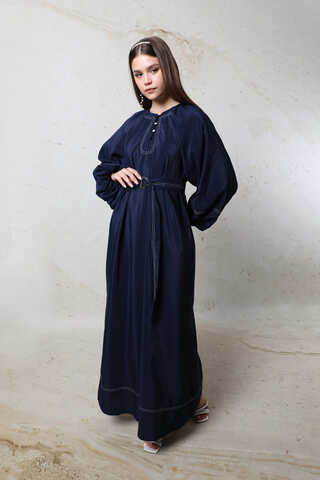 Balon Kol Elbise Lacivert - 6