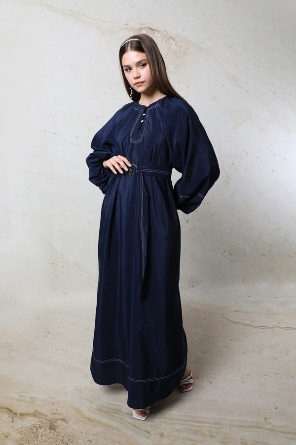 Balon Kol Elbise Lacivert - 6