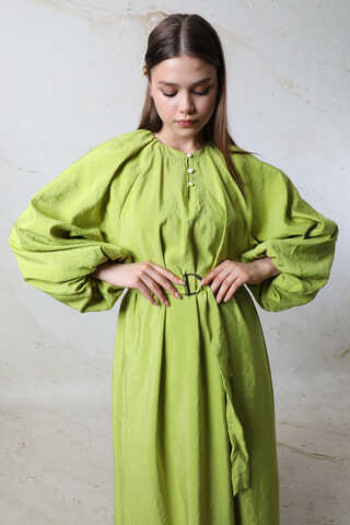 Balon Kol Elbise Yeşil - 4