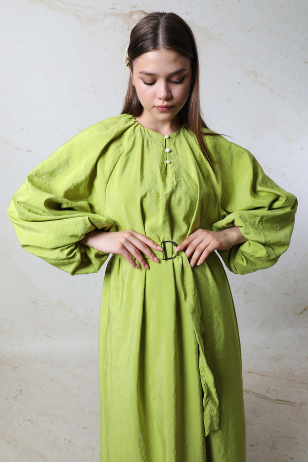 Balon Kol Elbise Yeşil - 4