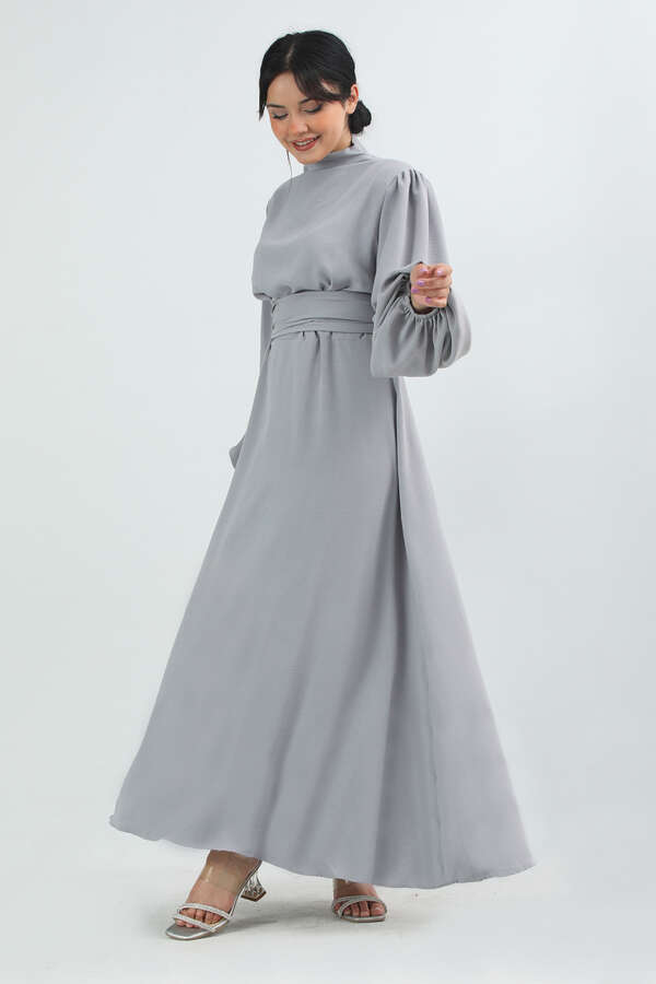 Balon Kol Gipeli Elbise Gri - 2