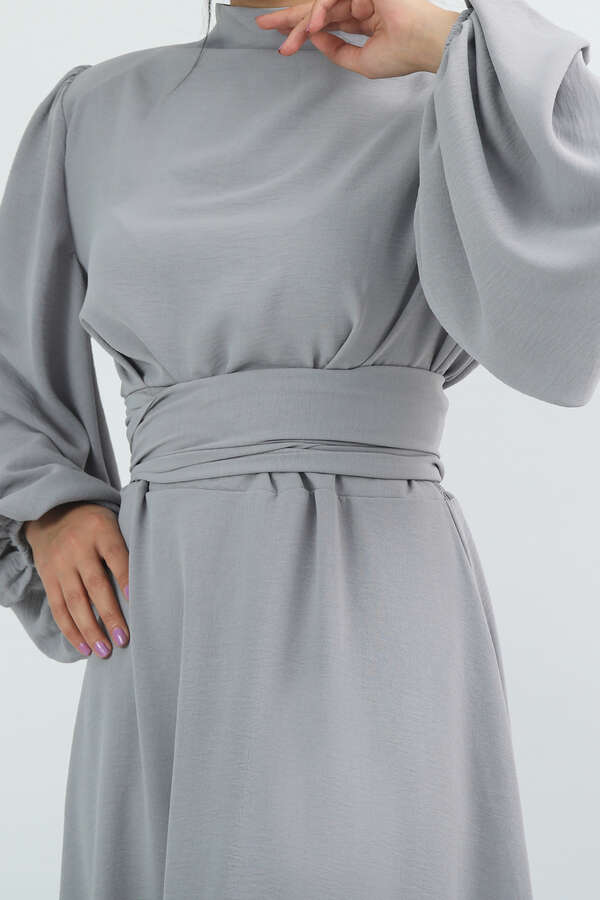 Balon Kol Gipeli Elbise Gri - 4