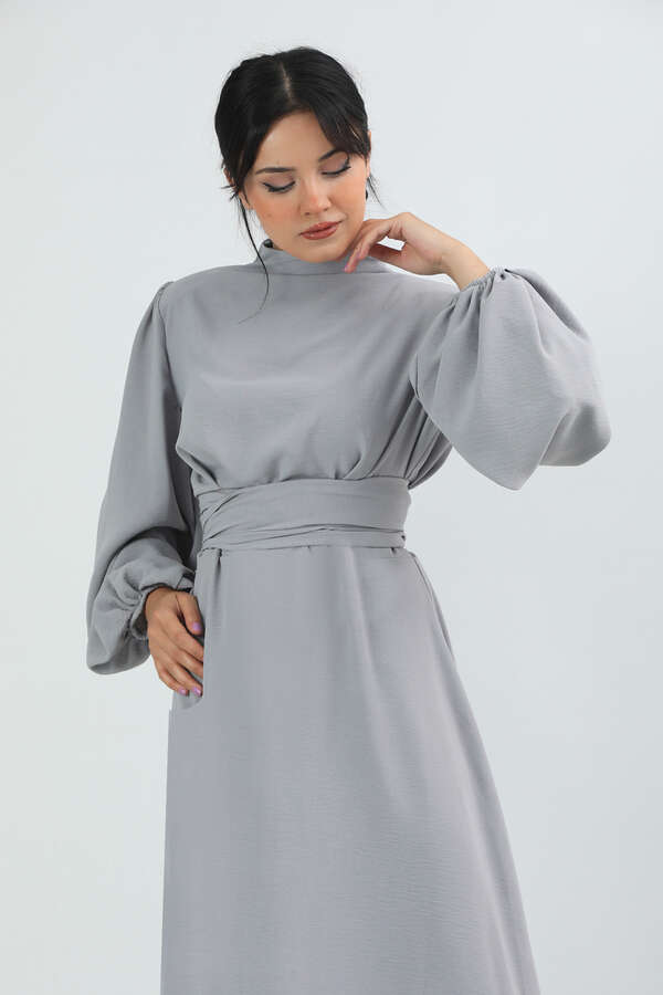 Balon Kol Gipeli Elbise Gri - 3