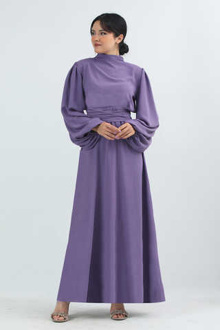 Balon Kol Gipeli Elbise Lila - 1