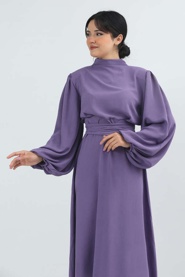 Balon Kol Gipeli Elbise Lila - 2