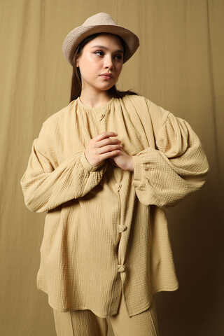 Balon Kol Müslin Takım Bej - 2