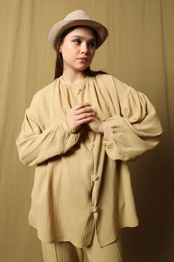 Balon Kol Müslin Takım Bej - 2