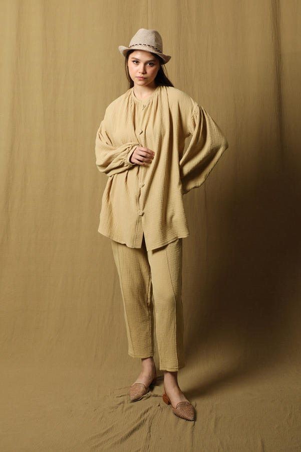 Balon Kol Müslin Takım Bej - 4