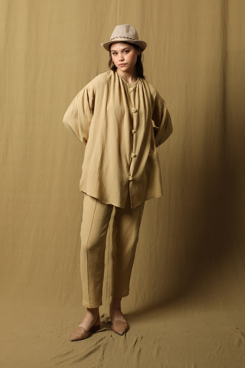 Balon Kol Müslin Takım Bej