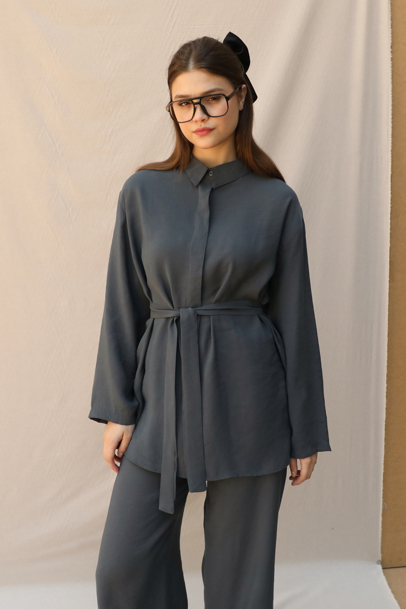 Basic Kuşaklı Gömlek Takım Füme