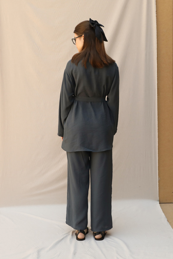 Basic Kuşaklı Gömlek Takım Füme - 8