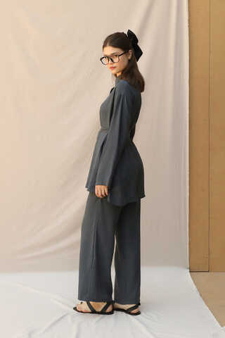 Basic Kuşaklı Gömlek Takım Füme - 7