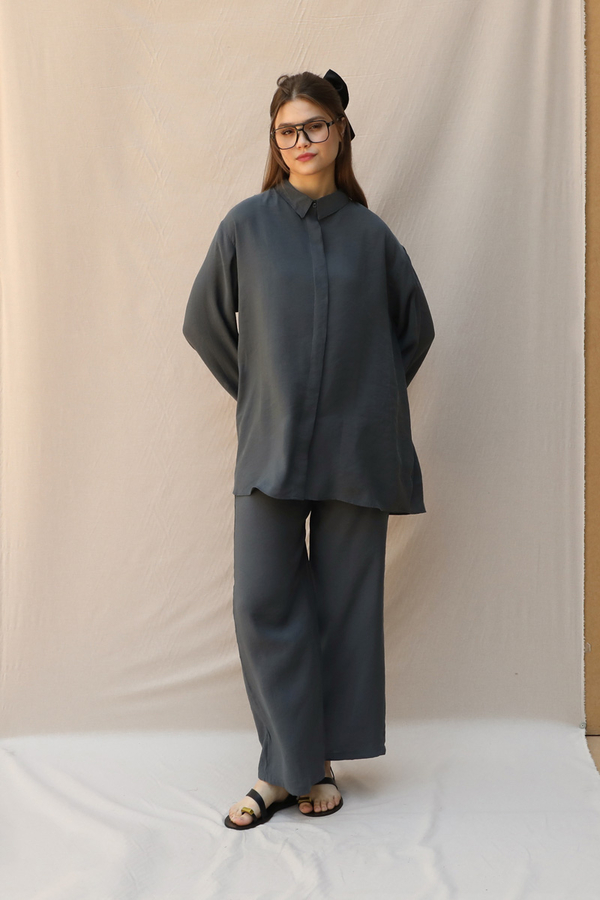Basic Kuşaklı Gömlek Takım Füme - 2