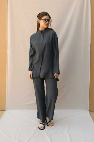 Basic Kuşaklı Gömlek Takım Füme - 5